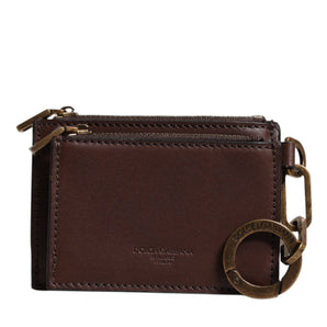 Dolce &amp; Gabbana Brown Leather Zip Logo Keyring Coin Purse Keyring Wallet