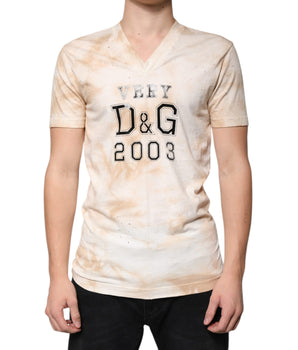 Dolce &amp; Gabbana Beige Graphic Print Cotton V-neck T-shirt