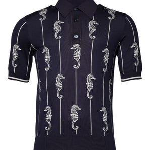 Dolce &amp; Gabbana Dark Blue Sea Horse Collared Polo T-shirt