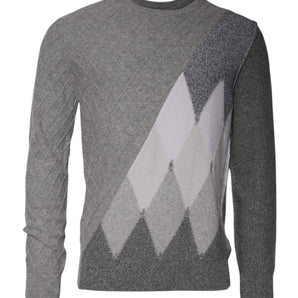 Ballantyne Gray Cashmere Argyle Intarsia Knit Crew Neck Sweater
