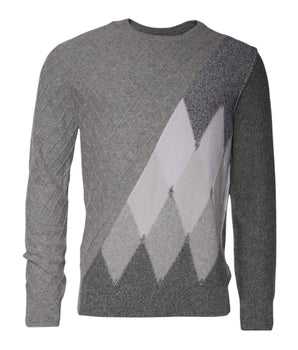 Ballantyne Gray Cashmere Argyle Intarsia Knit Crew Sweater