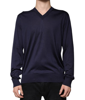 Dolce &amp; Gabbana Navy Blue Silk V-neck Pullover Sweater