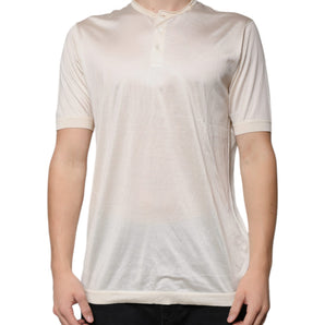 Dolce &amp; Gabbana Off White Silk Crew Neck Henley T-shirt