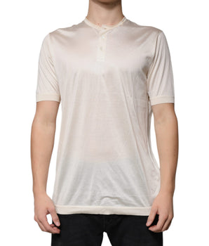Dolce &amp; Gabbana Off White Silk Crew Neck Henley T-shirt