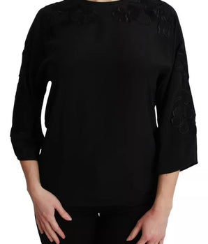 Dolce &amp; Gabbana Black Floral Embroidered Blouse Silk Top