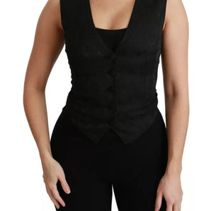 Dolce & Gabbana Black Lace Waistcoat Slim Vest Silk Top