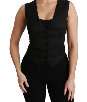 Dolce &amp; Gabbana Black Lace Waistcoat Slim Vest Silk Top
