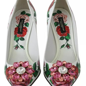 Dolce & Gabbana White Leather Roses Crystal Pumps Shoes