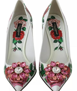 Dolce &amp; Gabbana White Leather Roses Crystal Pumps Shoes