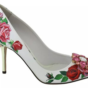 Dolce & Gabbana White Leather Roses Crystal Pumps Shoes