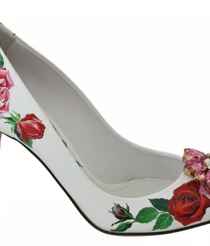Dolce &amp; Gabbana White Leather Roses Crystal Pumps Shoes