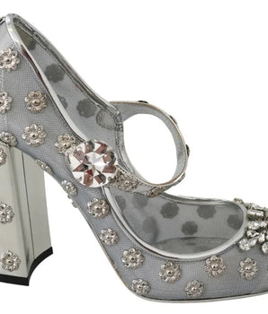 Dolce &amp; Gabbana Silver Crystal Studs Heels Mary Janes Pumps Shoes