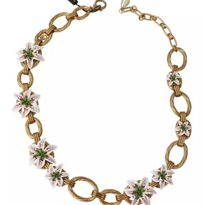 Dolce & Gabbana Gold Brass Oversize Chain LILY Flowers Necklace