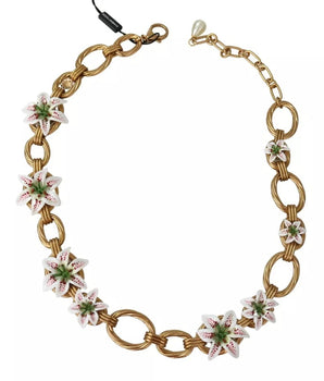 Dolce &amp; Gabbana Gold Brass Oversize Chain LILY Flowers Necklace