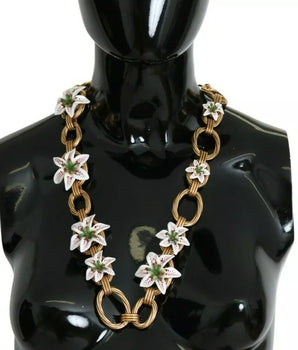 Dolce &amp; Gabbana Gold Brass Oversize Chain LILY Flowers Necklace