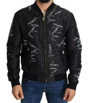 Chaqueta bomber con cremallera completa y brocado con parche del logo negro de Dolce &amp; Gabbana