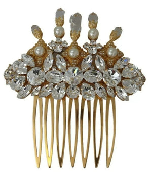 Dolce &amp; Gabbana Gold Brass Clear Crystal Hair Stick Accessory Comb