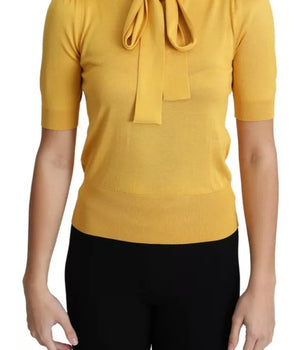 Dolce &amp; Gabbana Yellow Silk Knit Pullover Ascot Collar Top