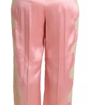 Dolce &amp; Gabbana Pink Lace Trimmed Silk Satin Wide Leg Pants