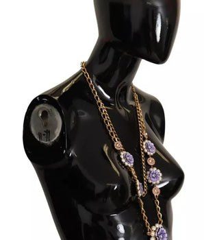 Dolce &amp; Gabbana Gold Tone Floral Crystals Purple Embellished Necklace
