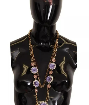Dolce &amp; Gabbana Gold Tone Floral Crystals Purple Embellished Necklace
