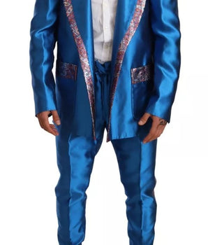Traje formal de dos piezas de seda jacquard azul de Dolce &amp; Gabbana