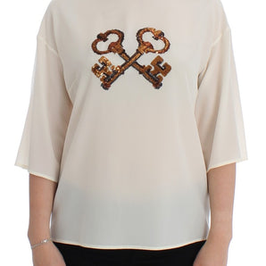 Dolce & Gabbana Ivory Sequined Silk Blouse Top