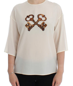 Dolce & Gabbana Ivory Sequined Silk Blouse Top Dolce & Gabbana 