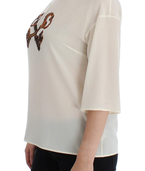 Dolce & Gabbana Ivory Sequined Silk Blouse Top Dolce & Gabbana 
