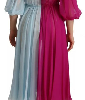 Dolce &amp; Gabbana Fuchsia Light Blue Silk Two Tone Midi Dress