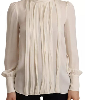 Dolce &amp; Gabbana Off White Silk Long Sleeve Turtle Neck Top