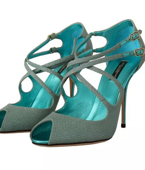 Dolce &amp; Gabbana Blue Glittered Strappy Heels Sandals Shoes