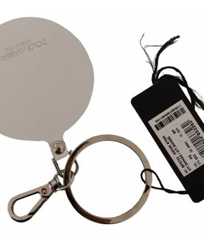 Dolce &amp; Gabbana White Leather Printed Metal Silver Tone Keyring Keychain