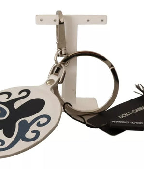 Dolce &amp; Gabbana White Leather Printed Metal Silver Tone Keyring Keychain