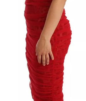 Dolce &amp; Gabbana Brown Leopard Red Tulle Sheath Midi Dress