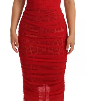 Dolce &amp; Gabbana Brown Leopard Red Tulle Sheath Midi Dress