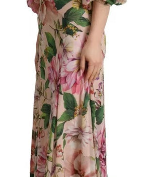 Dolce &amp; Gabbana Pink A-line Sheath Floral Pussy Bow Long Dress