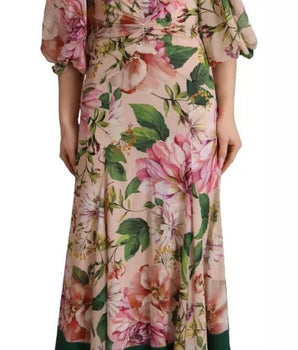 Dolce &amp; Gabbana Pink A-line Sheath Floral Pussy Bow Long Dress