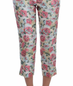 Dolce &amp; Gabbana White Pink Floral Brocade Pants