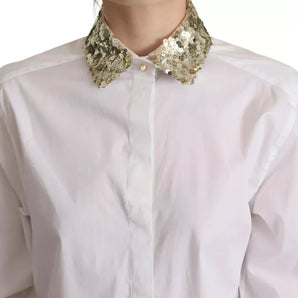 Dolce & Gabbana White Cotton Collared Long Sleeves Sequin Top Shirt