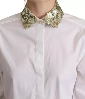 Camisa Dolce &amp; Gabbana de algodón blanco con cuello y lentejuelas de manga larga