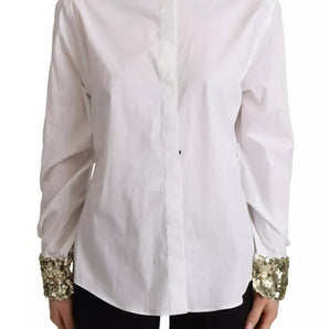 Dolce & Gabbana White Cotton Collared Long Sleeves Sequin Top Shirt