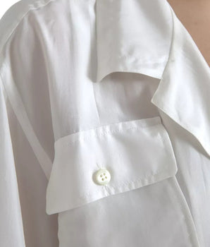 Dolce &amp; Gabbana White Silk Collared 3/4 Sleeves Blouse Top