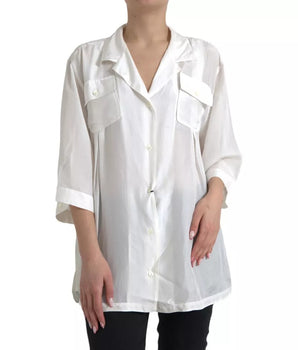 Dolce &amp; Gabbana White Silk Collared 3/4 Sleeves Blouse Top