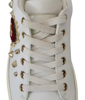 Dolce &amp; Gabbana White Leather Gold Red Heart Sneakers Shoes