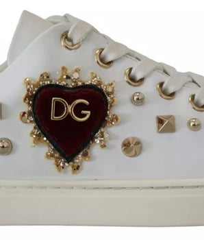 Dolce &amp; Gabbana White Leather Gold Red Heart Sneakers Shoes