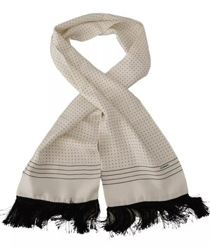 Dolce &amp; Gabbana White Polka Dots Pattern Silk Fringes Wrap Scarf