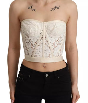 Dolce &amp; Gabbana White Strapless Floral Lace Cropped Bustier Top