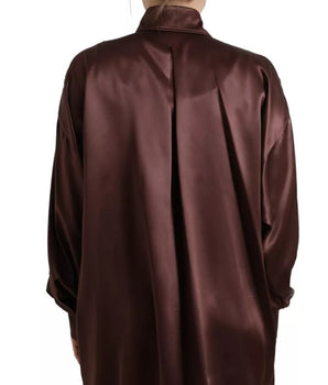 Dolce & Gabbana Brown Silk Collared Long Sleeves Top Blouse