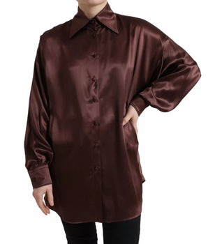 Dolce & Gabbana Brown Silk Collared Long Sleeves Top Blouse